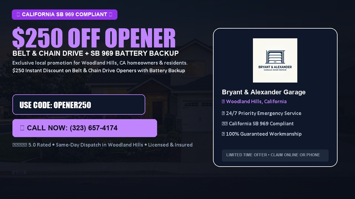 $250 OFF Smart Garage Door Opener Installation (Belt & Chain Drive with California SB 969 Battery Backup) in Woodland Hills, CA