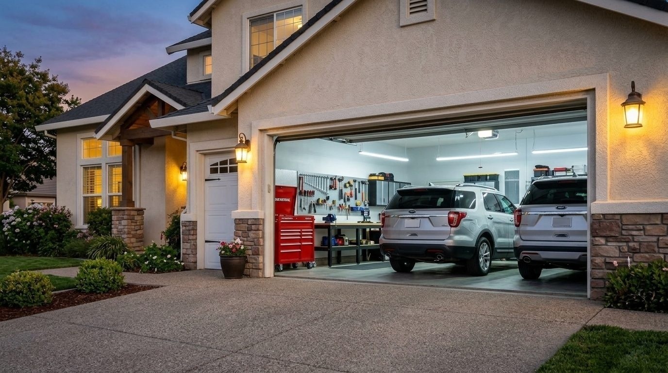 Bryant & Alexander Garage Door Repair Overhead Garage Door Gliding Open in Woodland Hills, CA